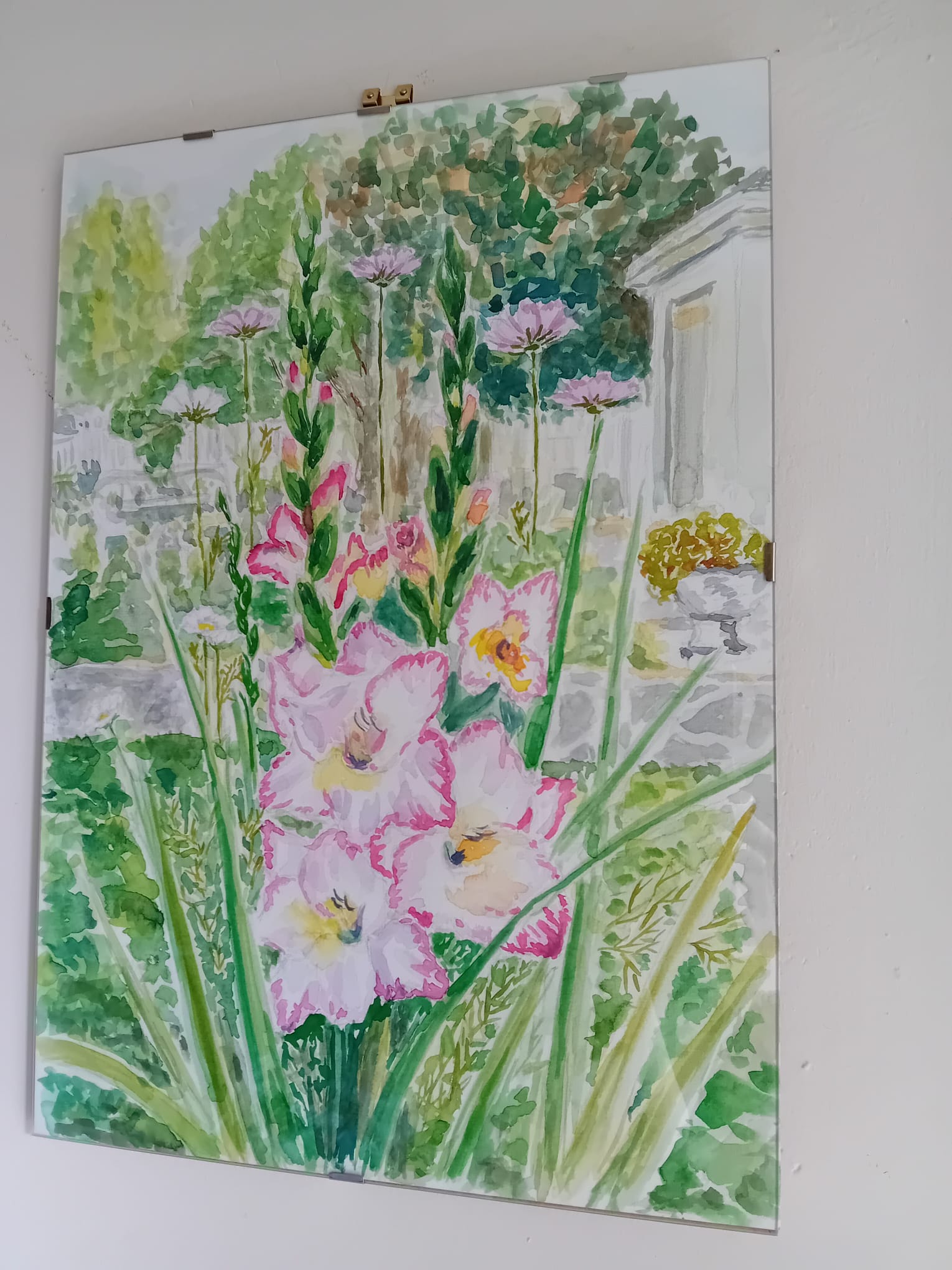 un disegno fatto ad acquerello con uno sfondo di un giardino